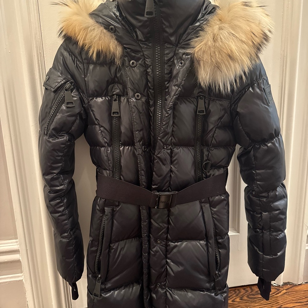 Black Puffer Coat with Fur Trim SAM